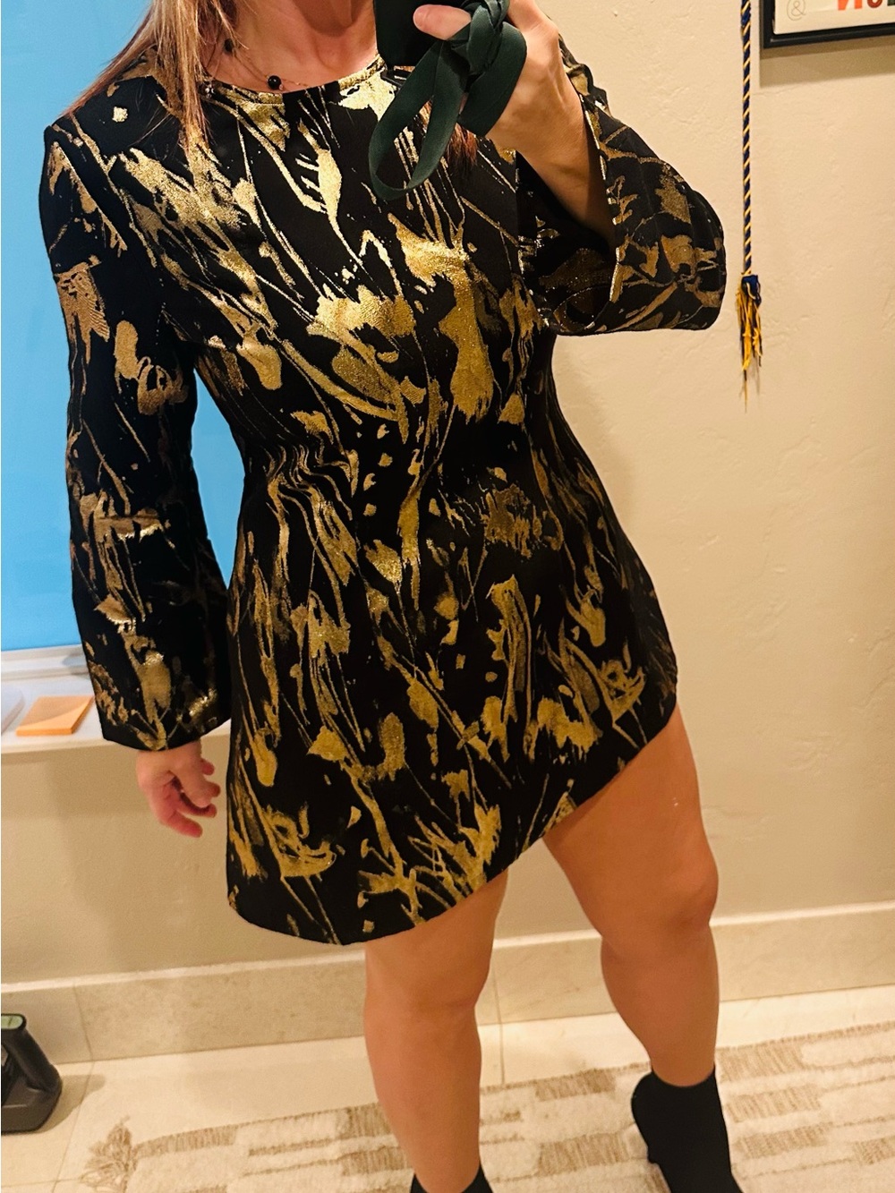NWT Bryn Walker Black Gold Metallic Abstract Long Sleeve Mini Dress Made in USA